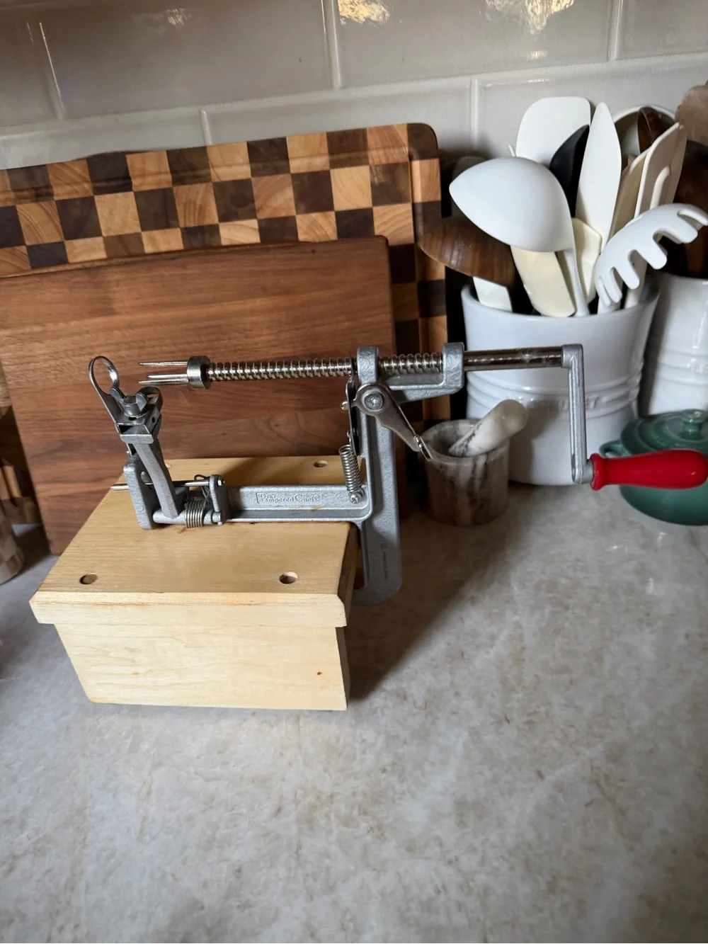 Pampered Chef apple peeler corer slicer attachment with wood block stand